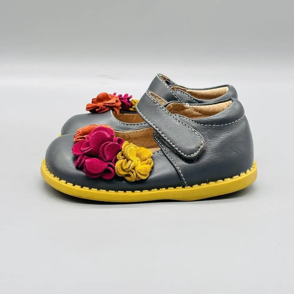 Livie & Luca Shoes Girls 4 Gray Leather Mary Jane Floral Hook & Loop Flats Dress